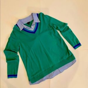 Talbots preppy emerald green sweater with built in striped button up shirt.